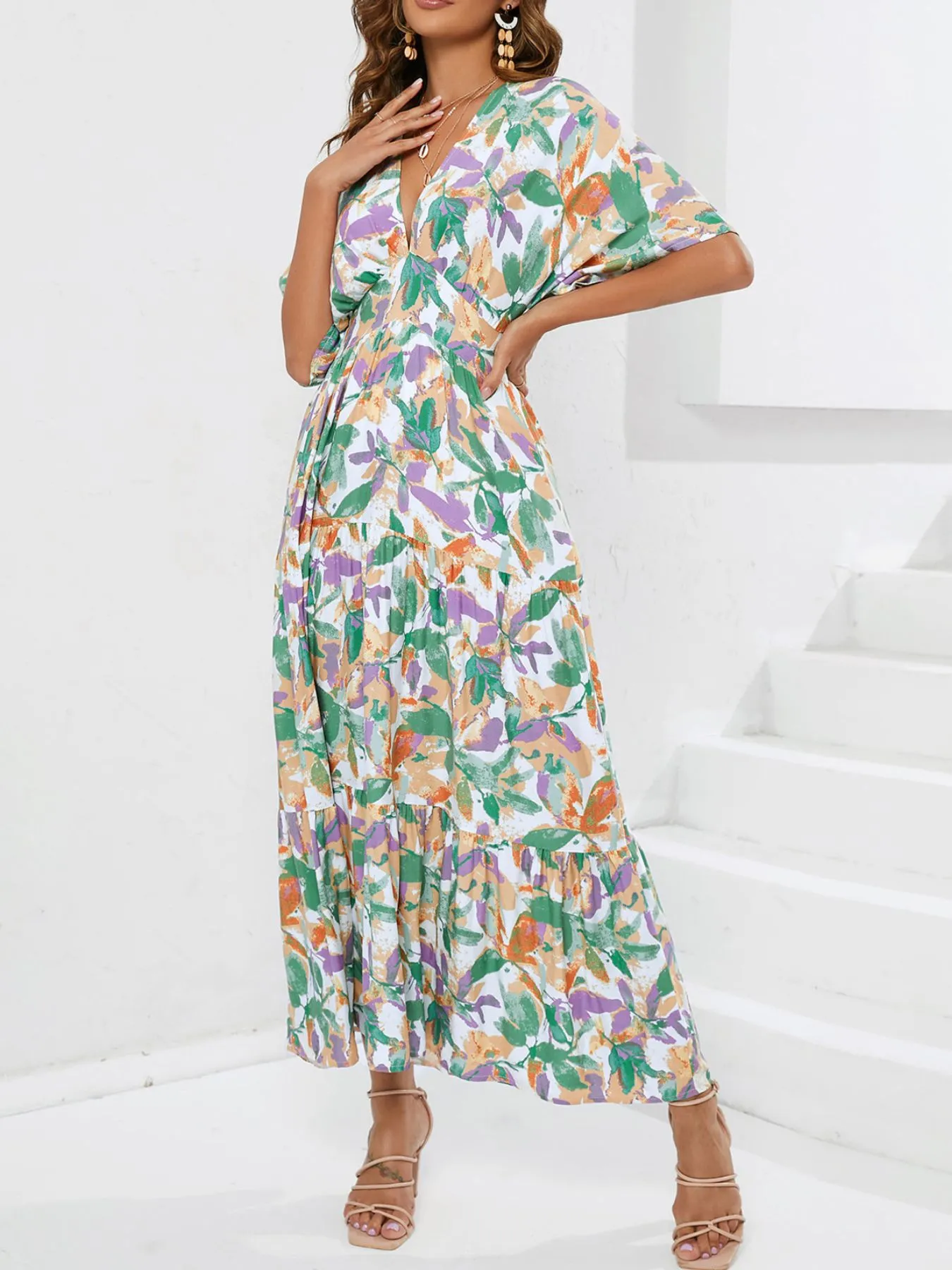 Floral Print V-neck Boho Midi Dress - Image 5