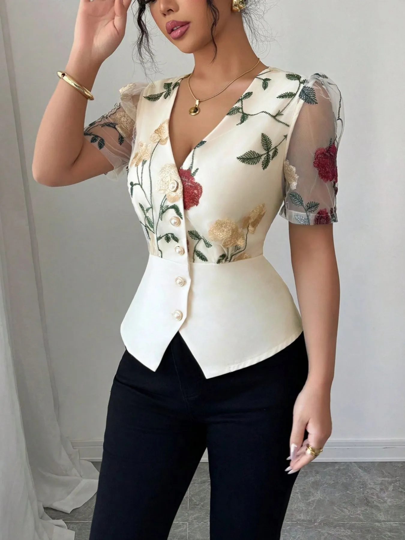 Floral Print V-Neck Button-Up Shirt - Image 3