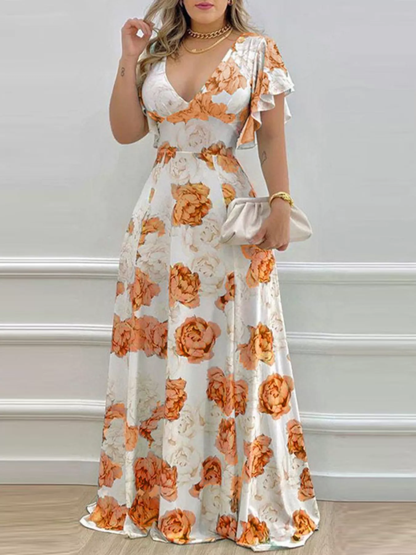 Floral Print V-Neck Ruffle Sleeve Maxi Dress - Image 10