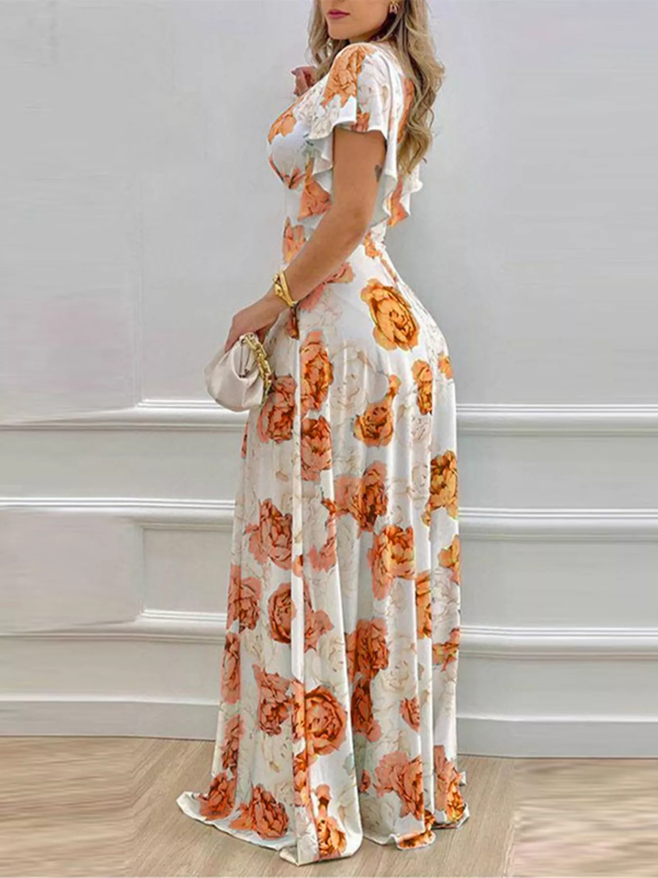 Floral Print V-Neck Ruffle Sleeve Maxi Dress - Image 9