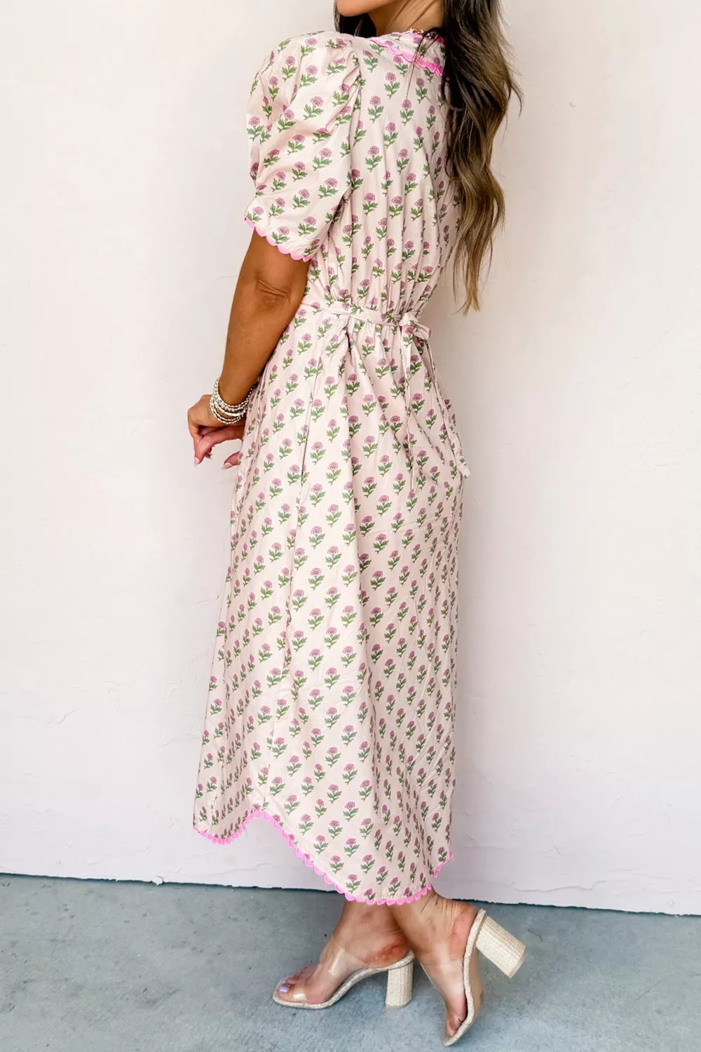 Floral Print V Neck Scallop Trim Button Front Short Sleeve Dress - Image 3
