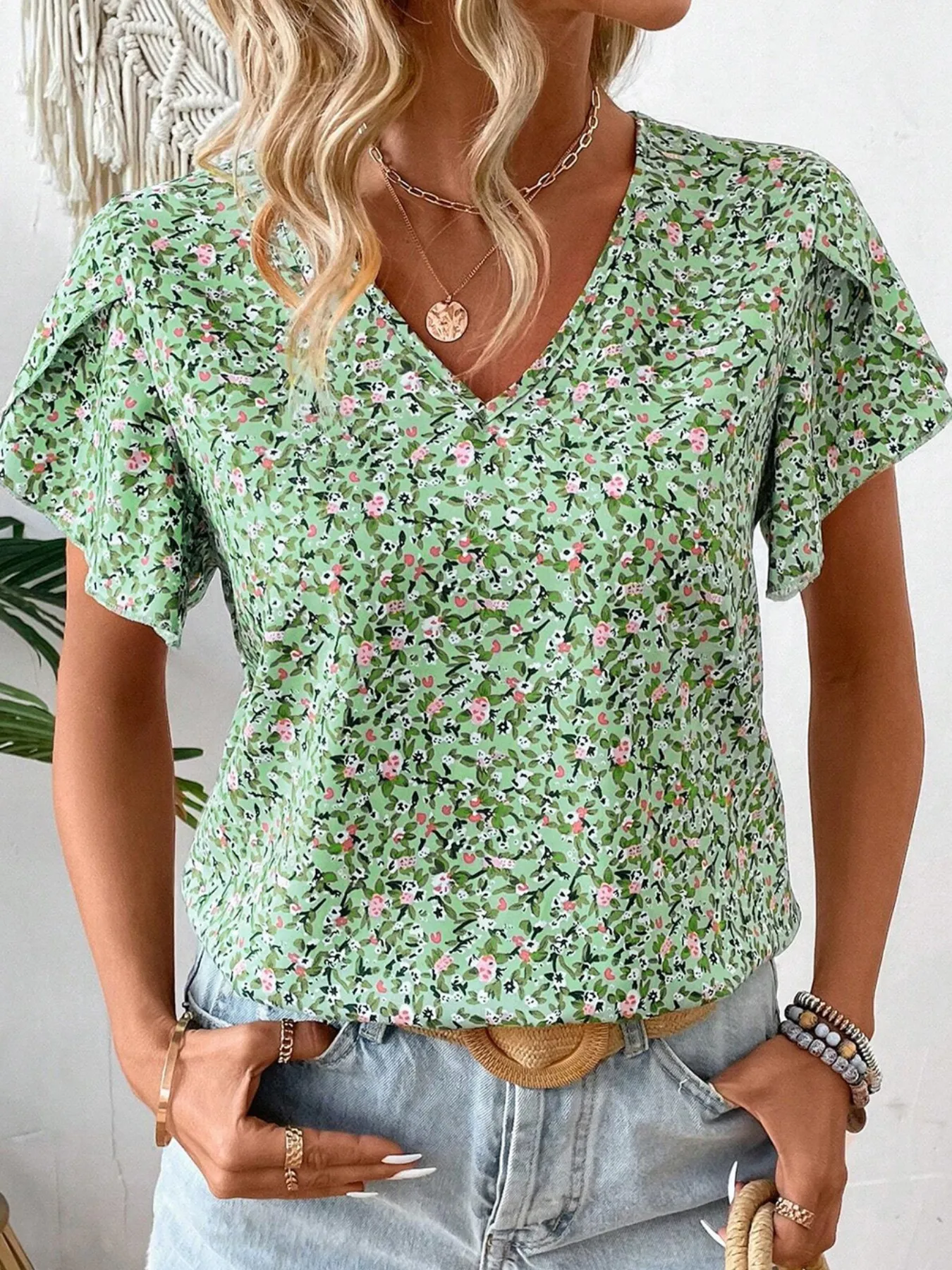 Floral Print V-Neck Short Sleeve Blouse - Image 3