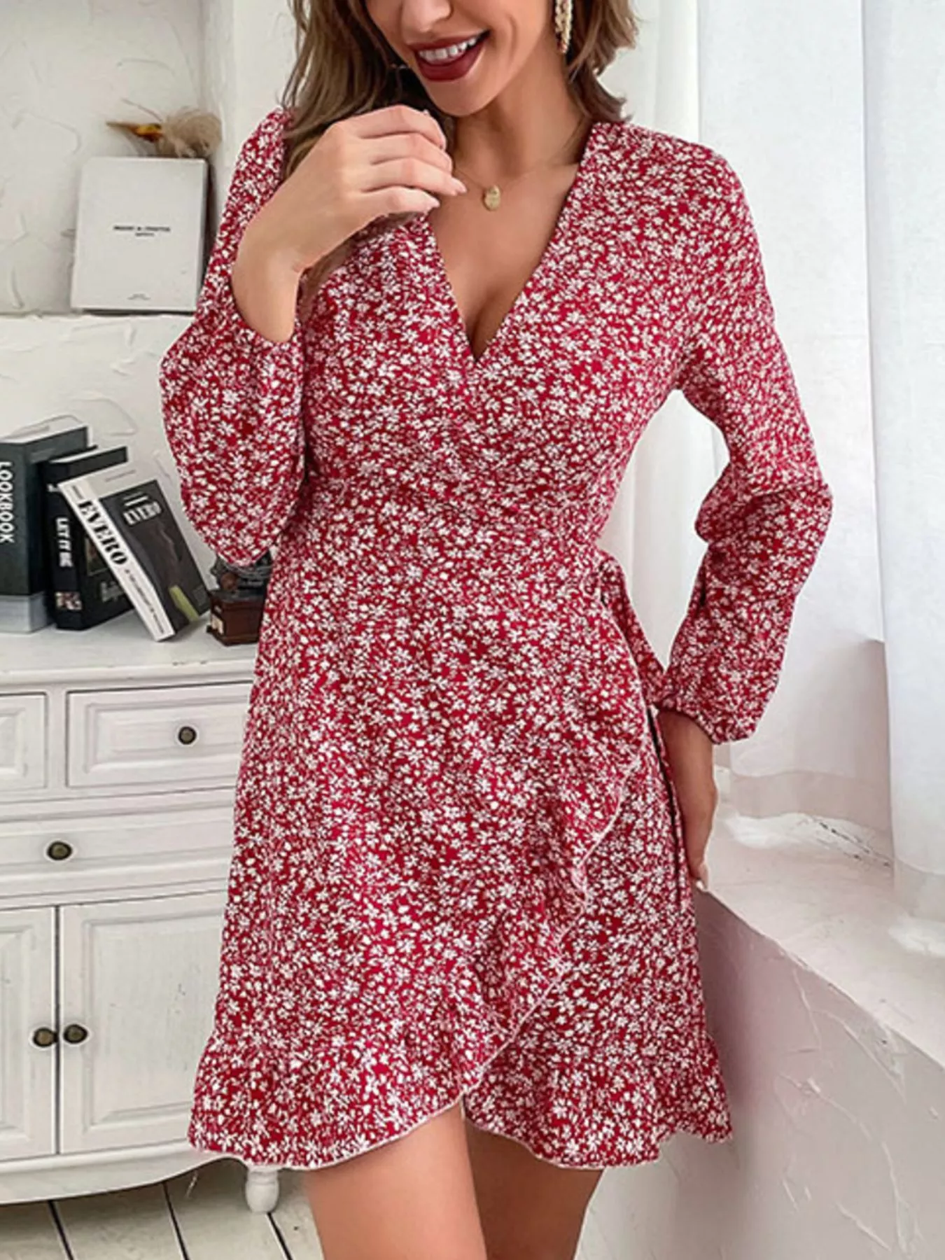 Floral Print Wrap Mini Dress - Image 3