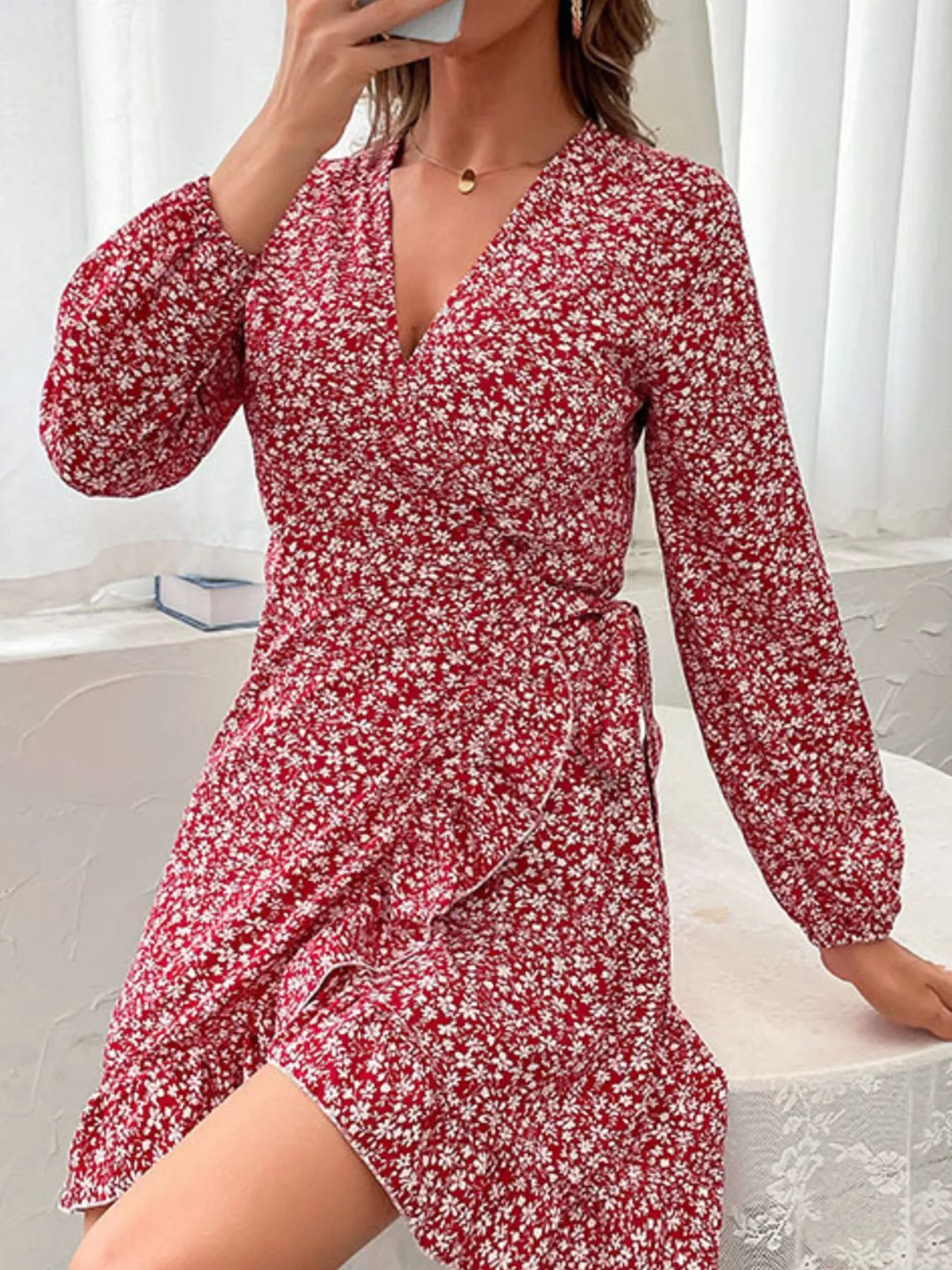 Floral Print Wrap Mini Dress - Image 4