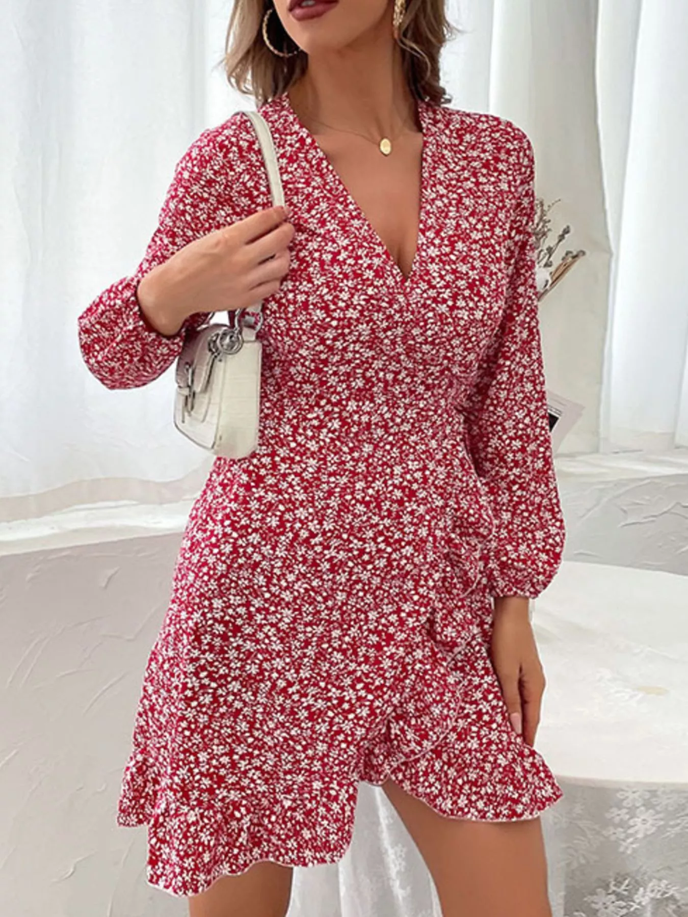 Floral Print Wrap Mini Dress - Image 5