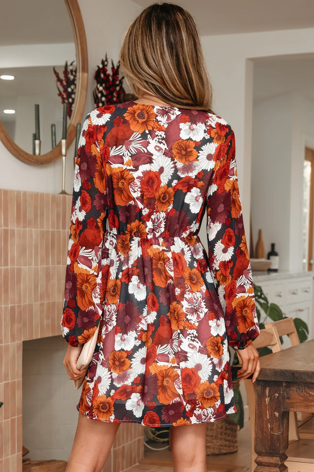 Floral Print Wrap V Neck Puff Sleeve Flowy Mini Dress - Image 2