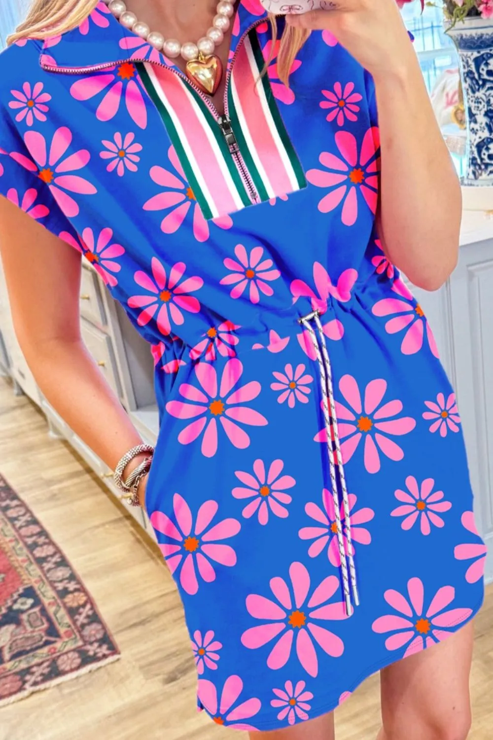 Floral Print Zip Collar Drawstring Summer Mini Dress - Image 3