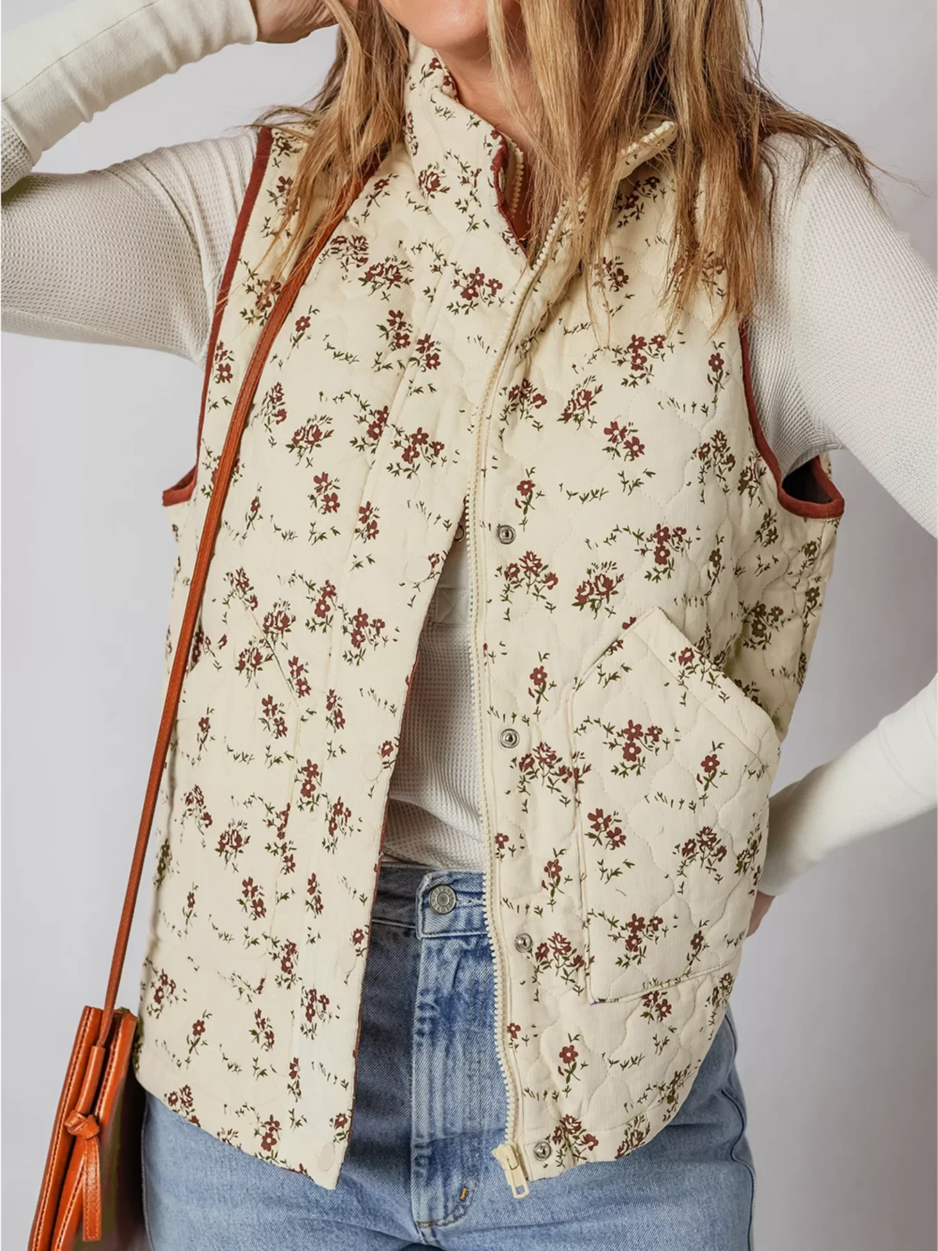 Floral Print Zip Up Quilted Vest - Image 8
