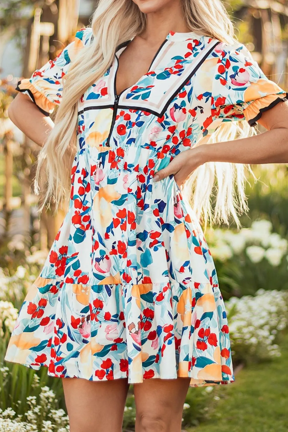 Floral Print Zipper Ruffled Short Sleeve High Waist Mini Dress - Image 2