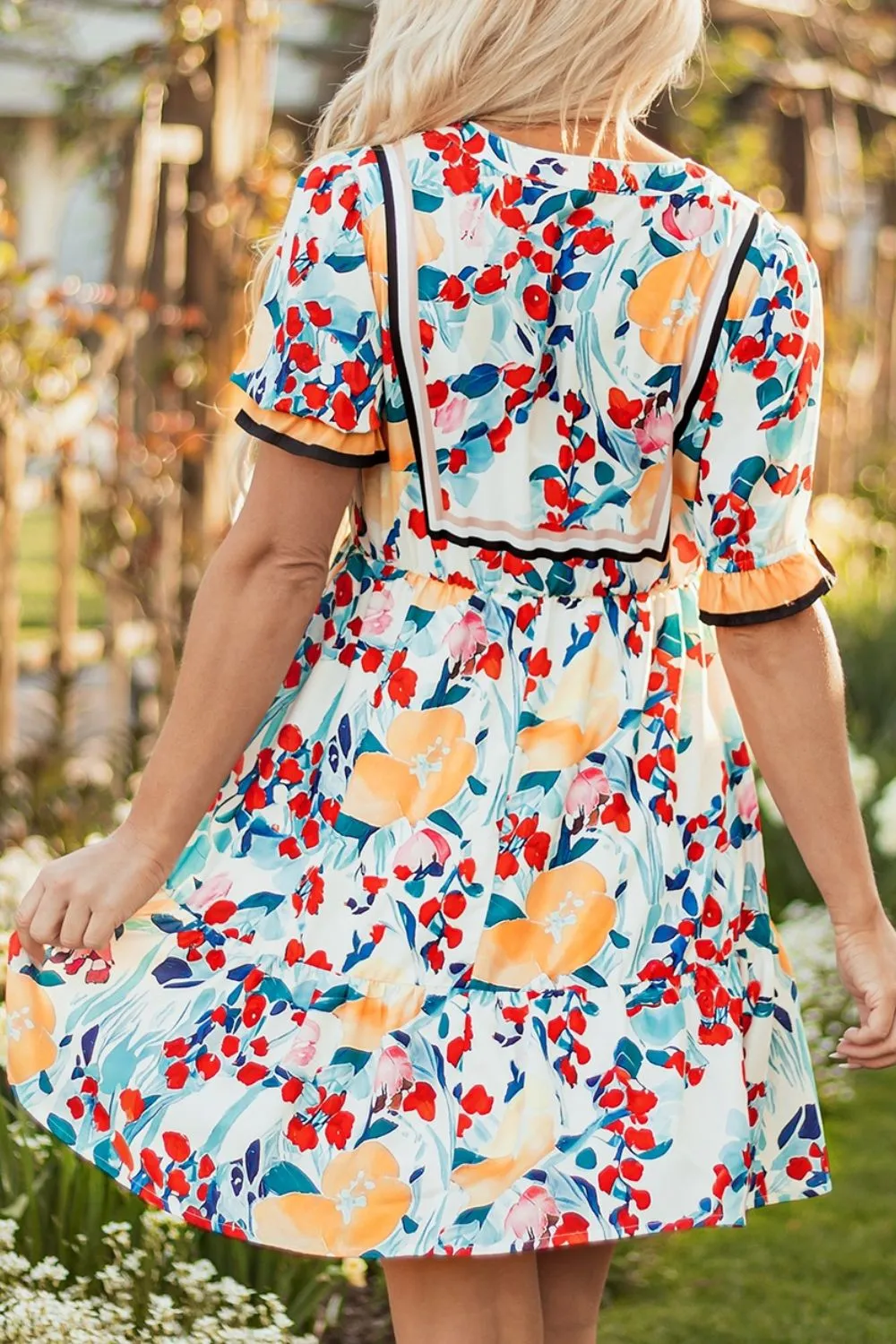 Floral Print Zipper Ruffled Short Sleeve High Waist Mini Dress - Image 3