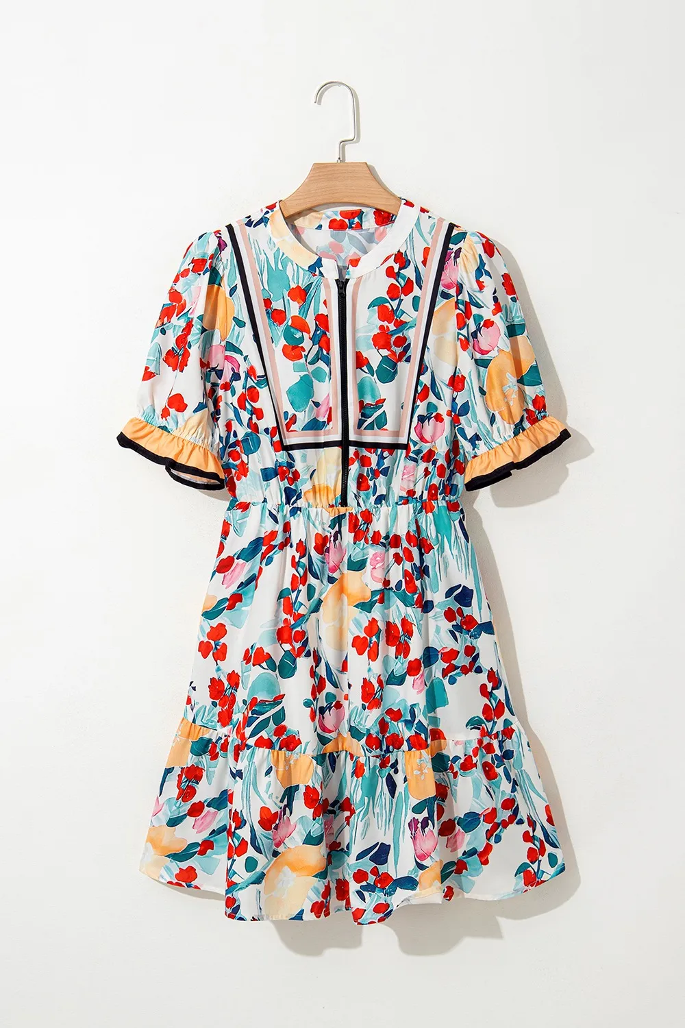 Floral Print Zipper Ruffled Short Sleeve High Waist Mini Dress - Image 7