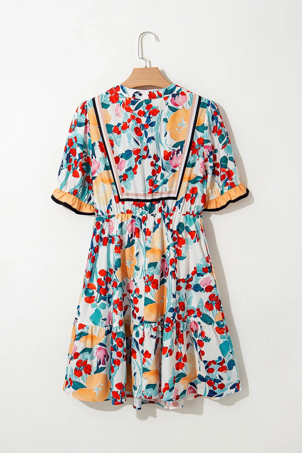 Floral Print Zipper Ruffled Short Sleeve High Waist Mini Dress - Image 8