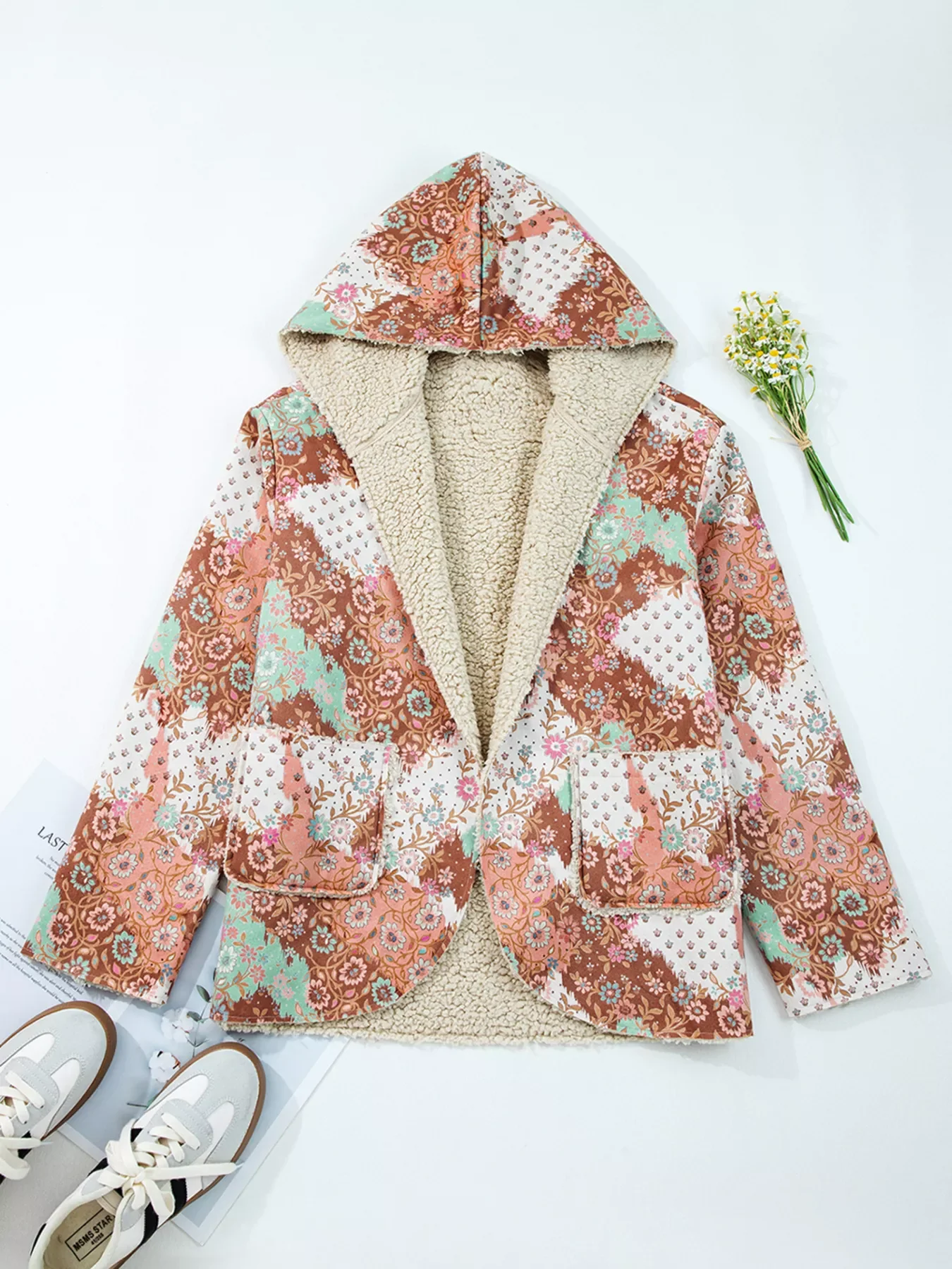 Floral Printed Sherpa Lined Hooded Jacket - Image 3