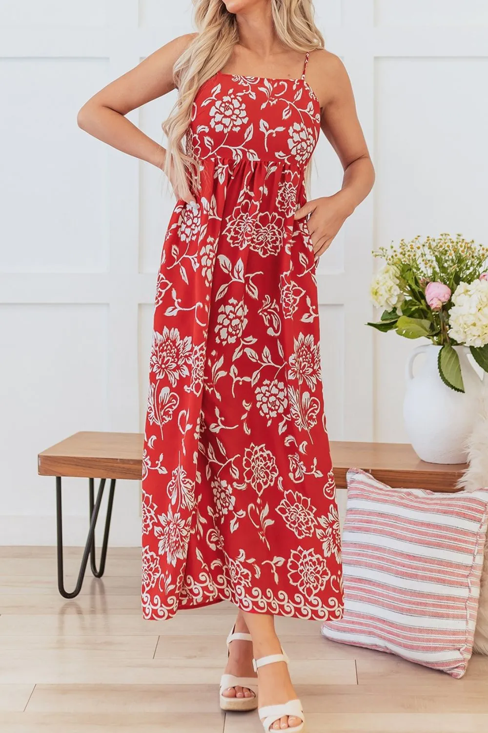 Floral Printed Spaghetti Strap Empire Waist Maxi Dress - Image 6
