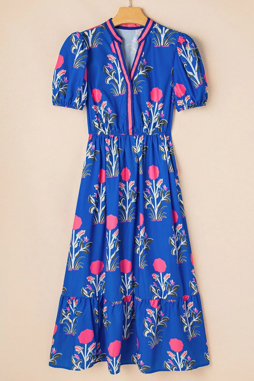 Floral Puff Short Sleeve Notched High Waist Dress - Image 4