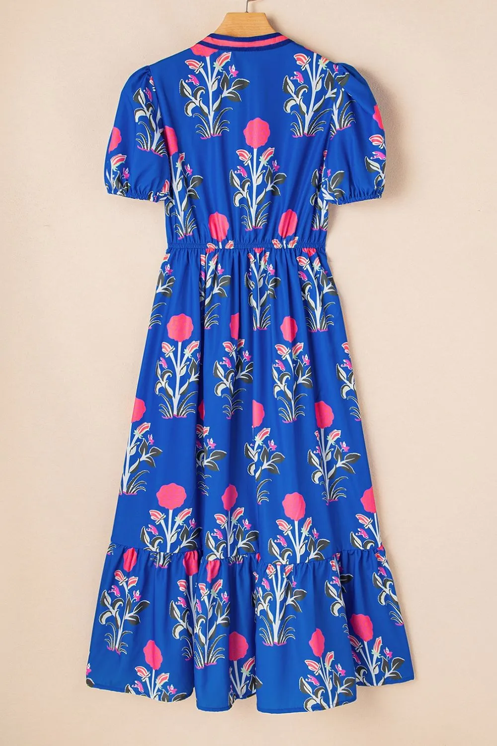 Floral Puff Short Sleeve Notched High Waist Dress - Image 5