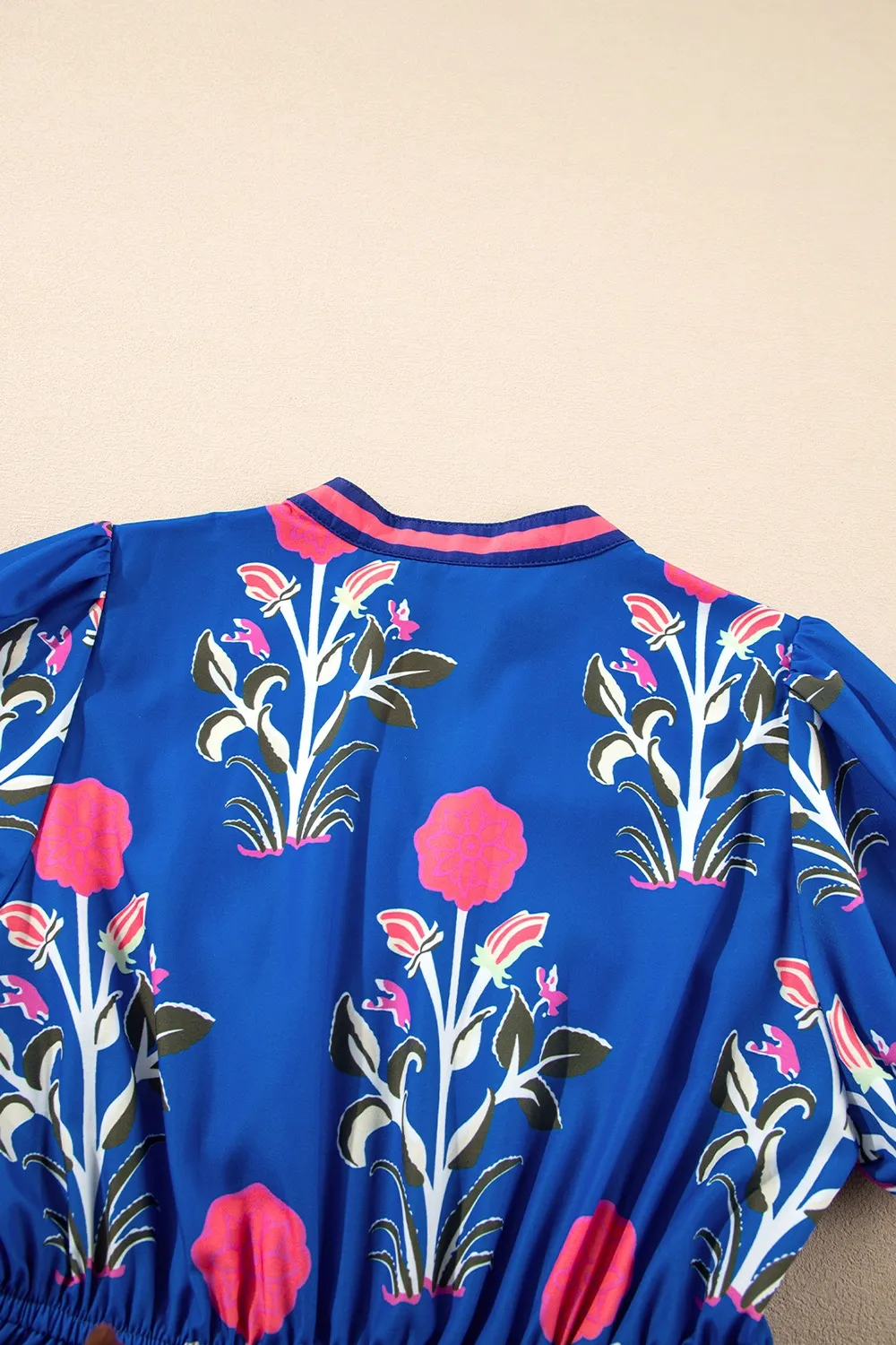 Floral Puff Short Sleeve Notched High Waist Dress - Image 7