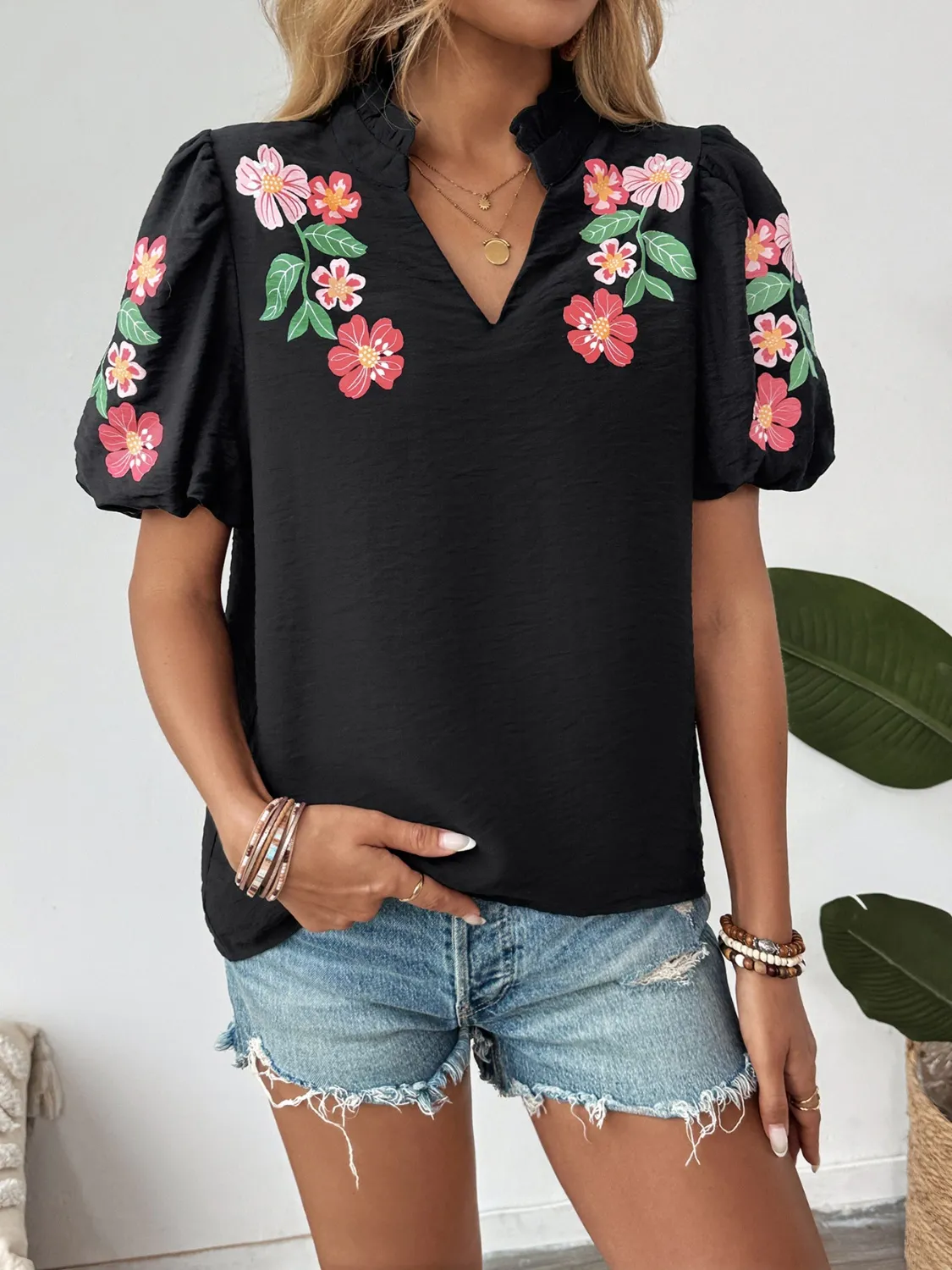 Floral Puff Sleeve Notched Blouse - Image 3