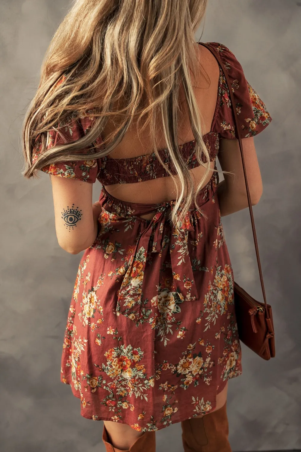 Floral Puff Sleeve Square Neck Knot Open Back Mini Dress - Image 2