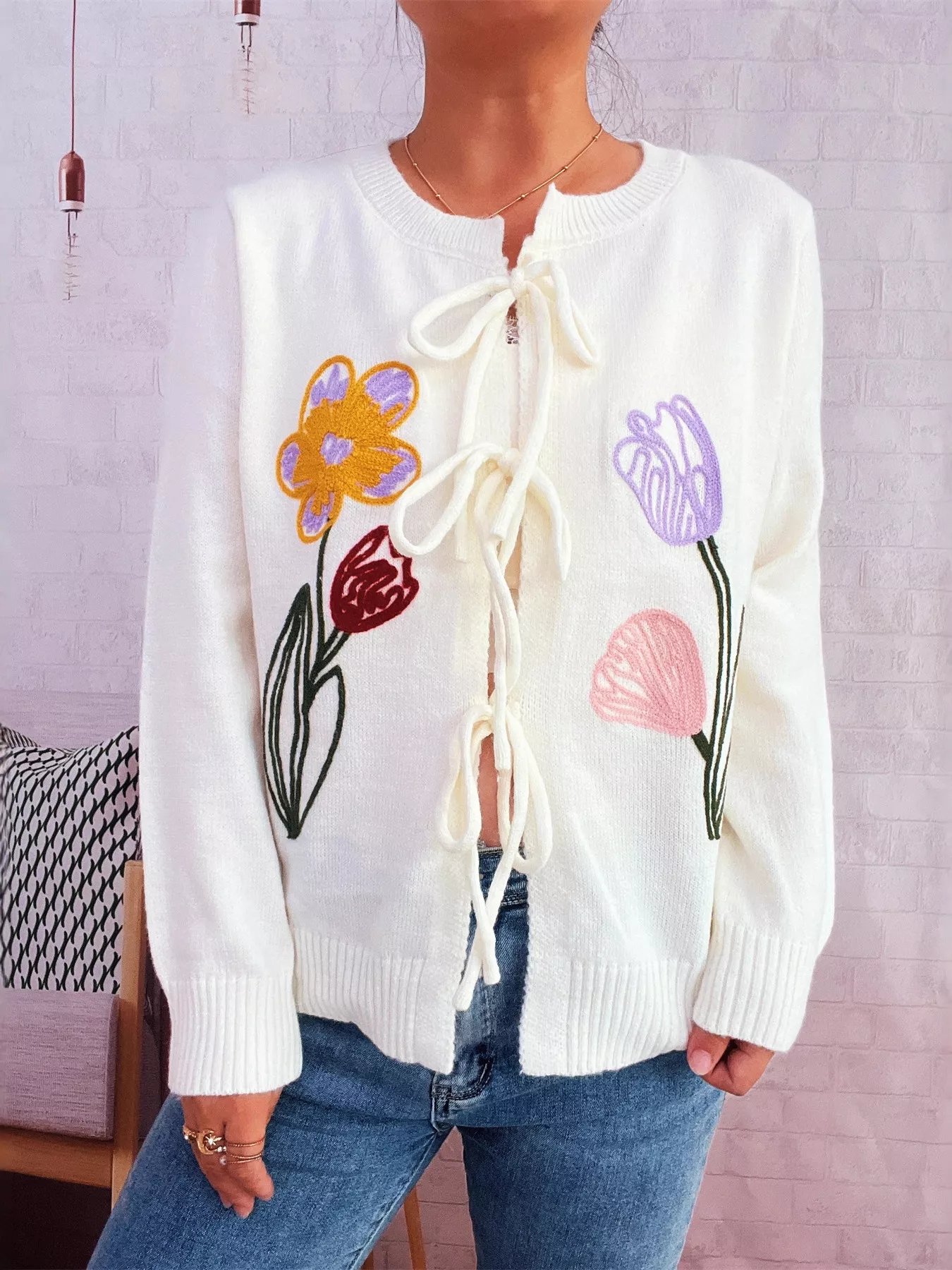 Floral Ribbed Hem Tie Front Cardigan - Image 7