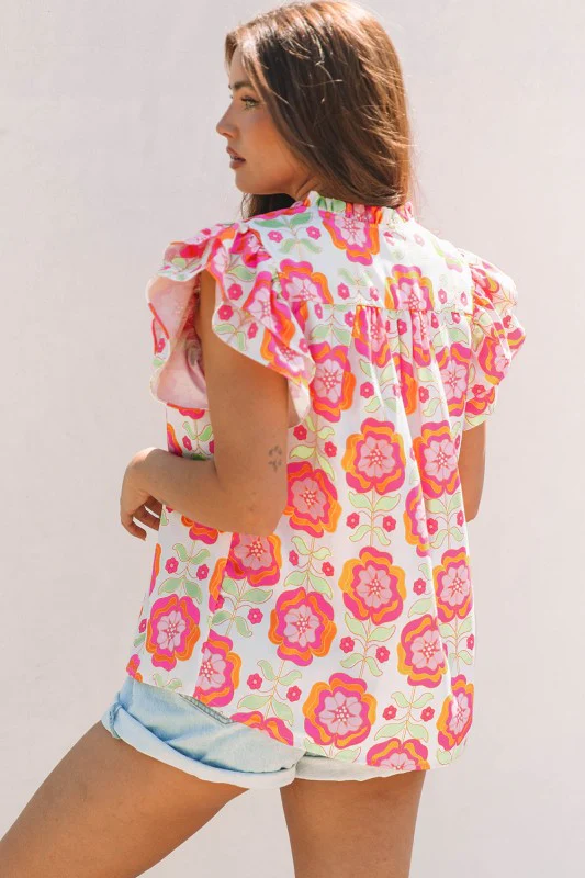 Floral Ricrac Trim  Ruffle Sleeve Blouse - Image 2