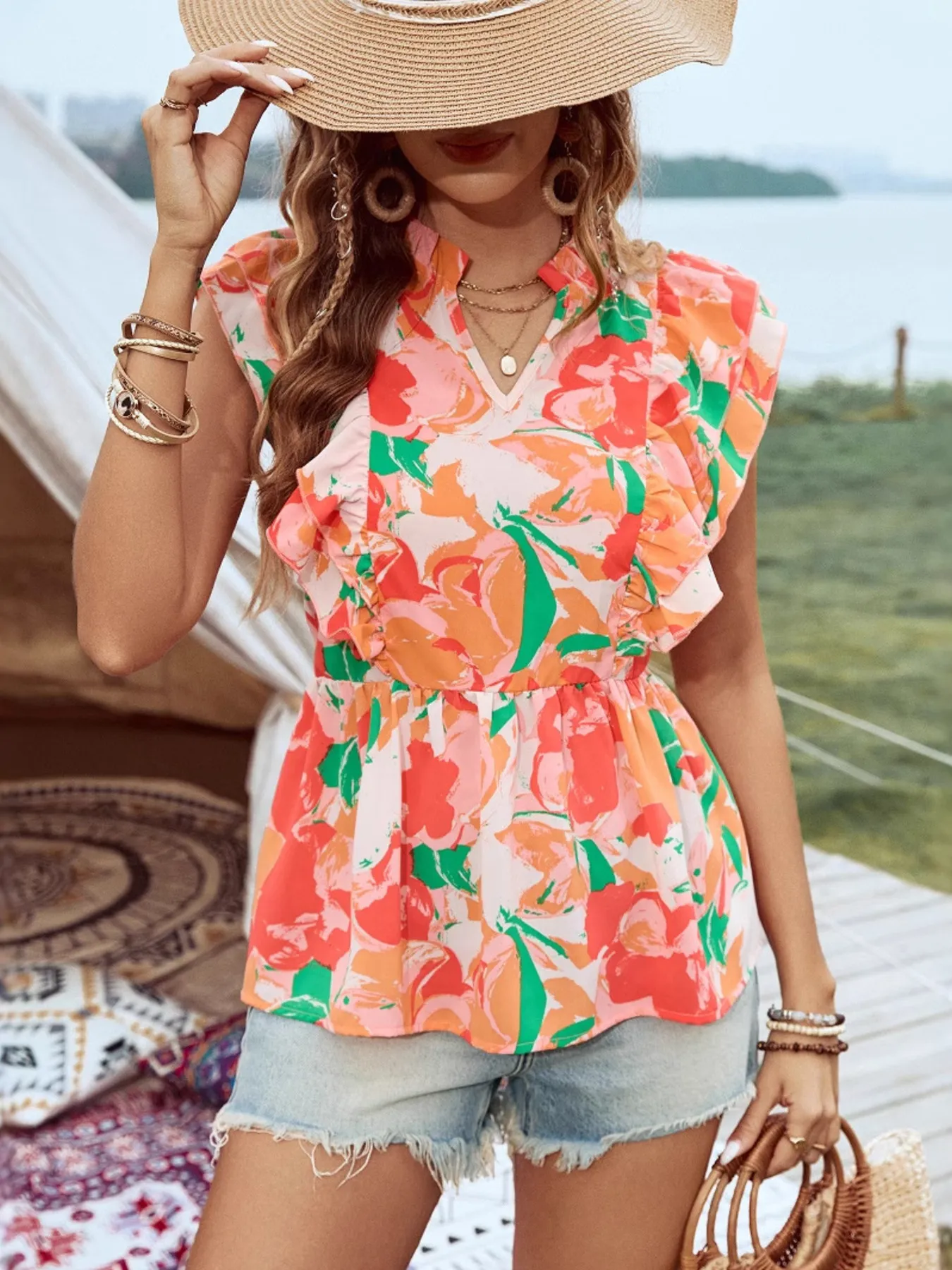 Floral Ruffle Cap Sleeve Blouse - Image 6