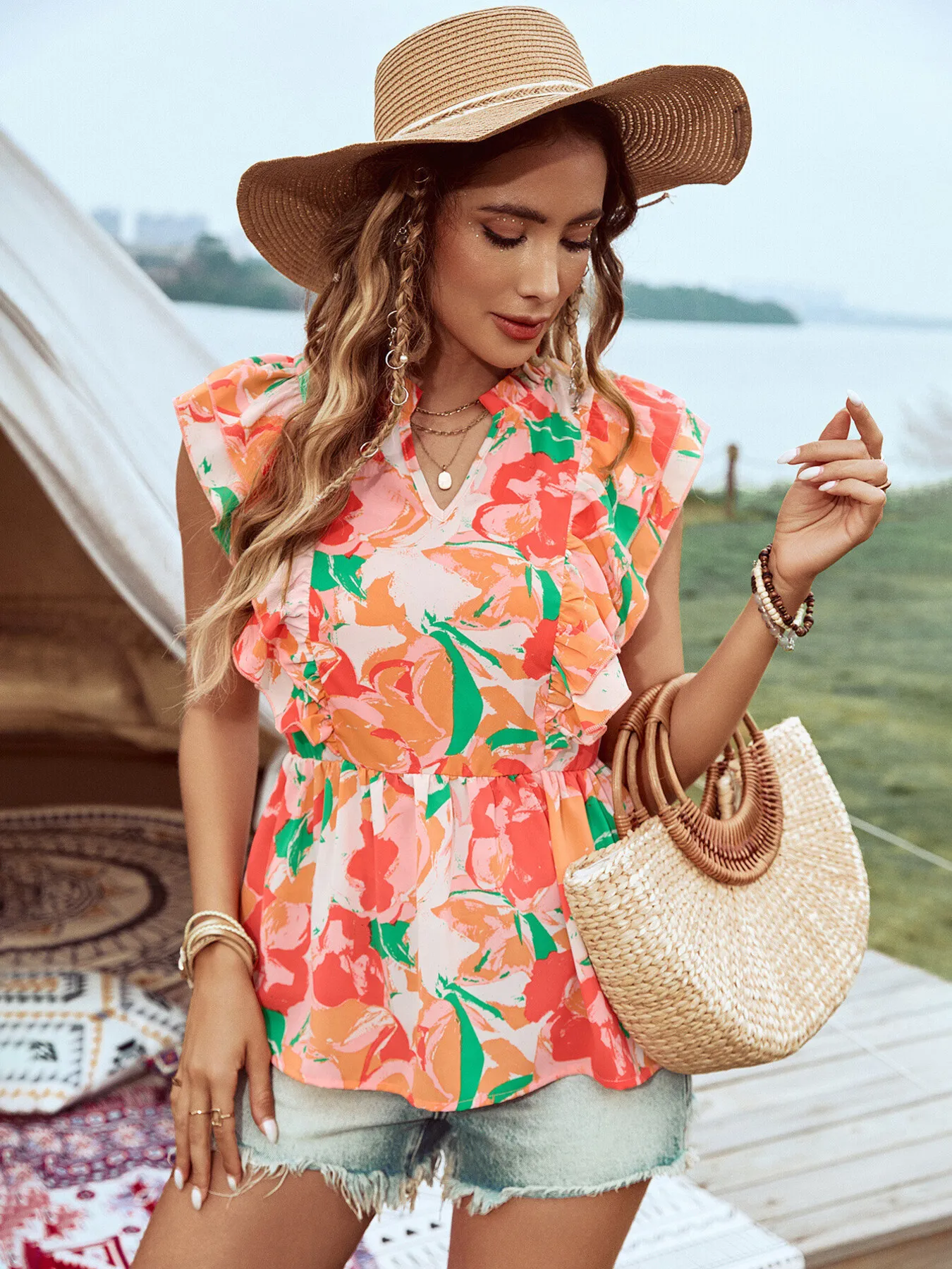 Floral Ruffle Cap Sleeve Blouse - Image 7
