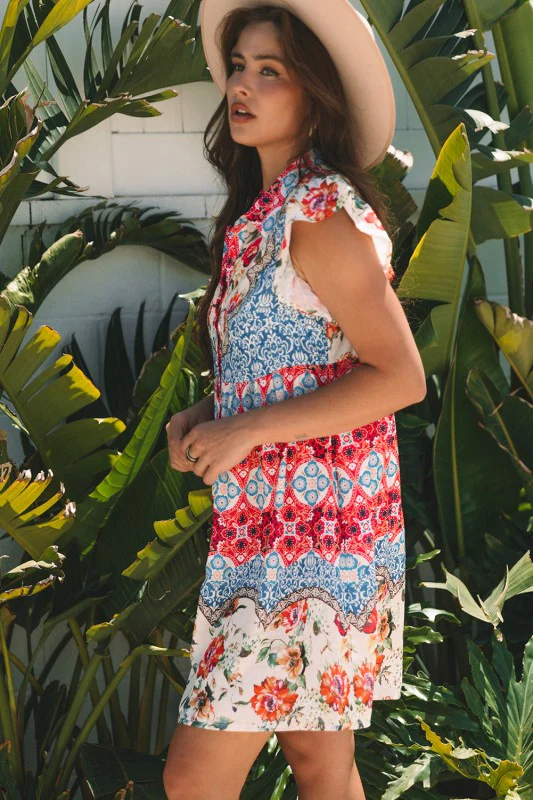 Floral Ruffle Flutter Sleeve Buttoned Mini Dress - Image 3