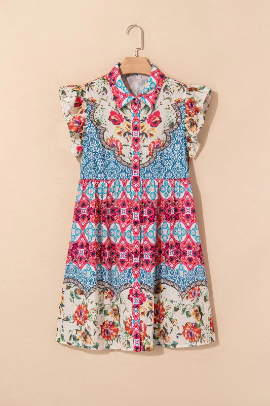 Floral Ruffle Flutter Sleeve Buttoned Mini Dress - Image 6