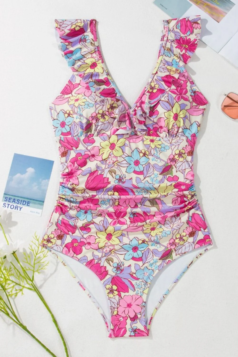 Floral Ruffle Trim Tummy Control One Piece Swimsuit - Image 5