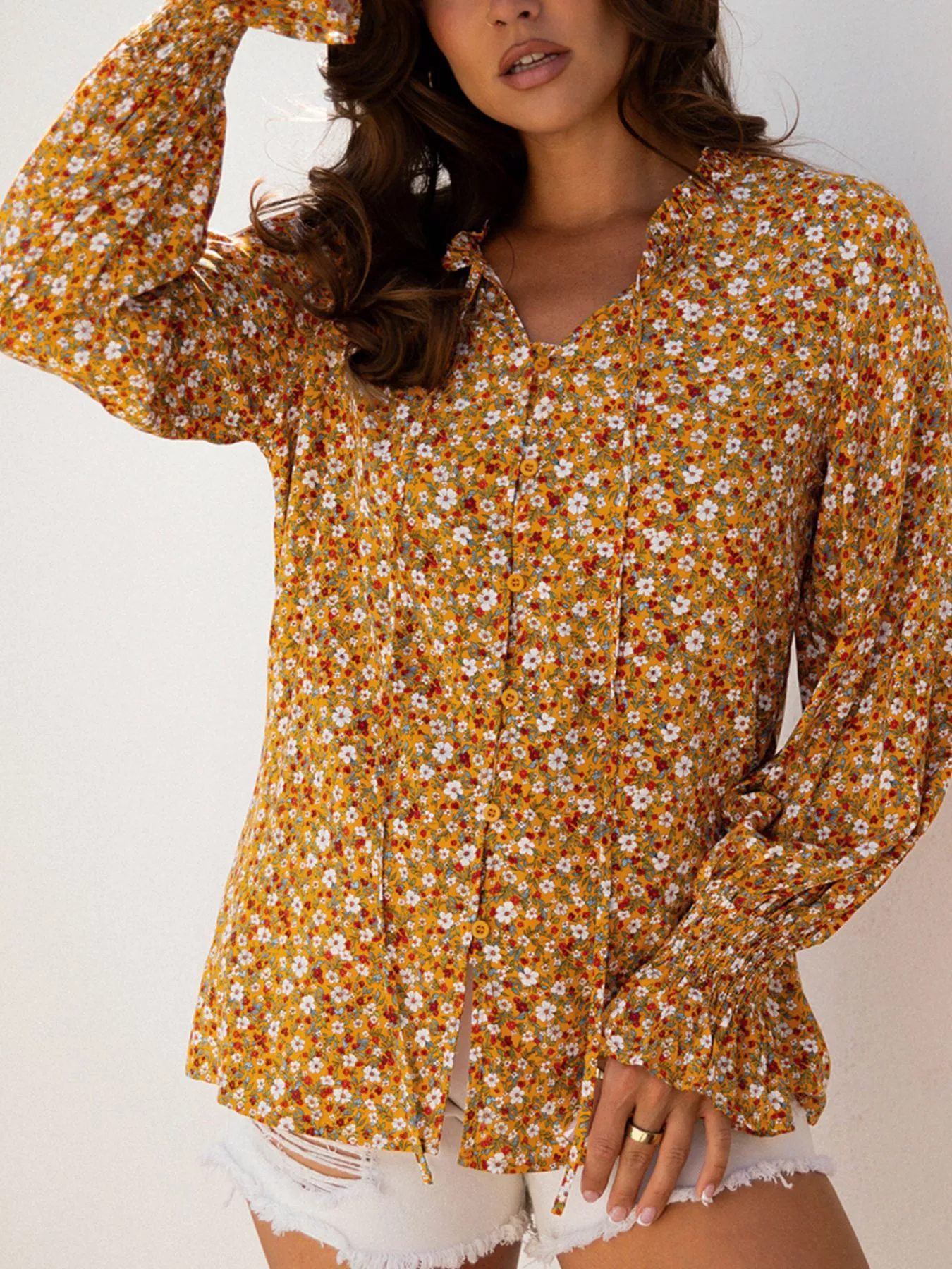 Floral Ruffled Bubble Sleeve Tie Neck Blouse - Image 5