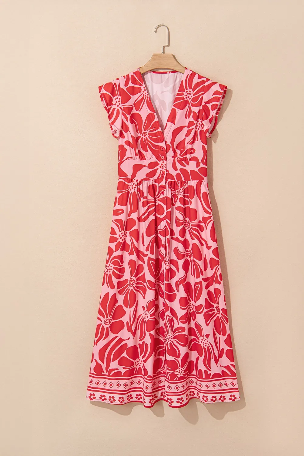 Floral  Ruffled V-Neck Midi Dress with Button Front - Image 3