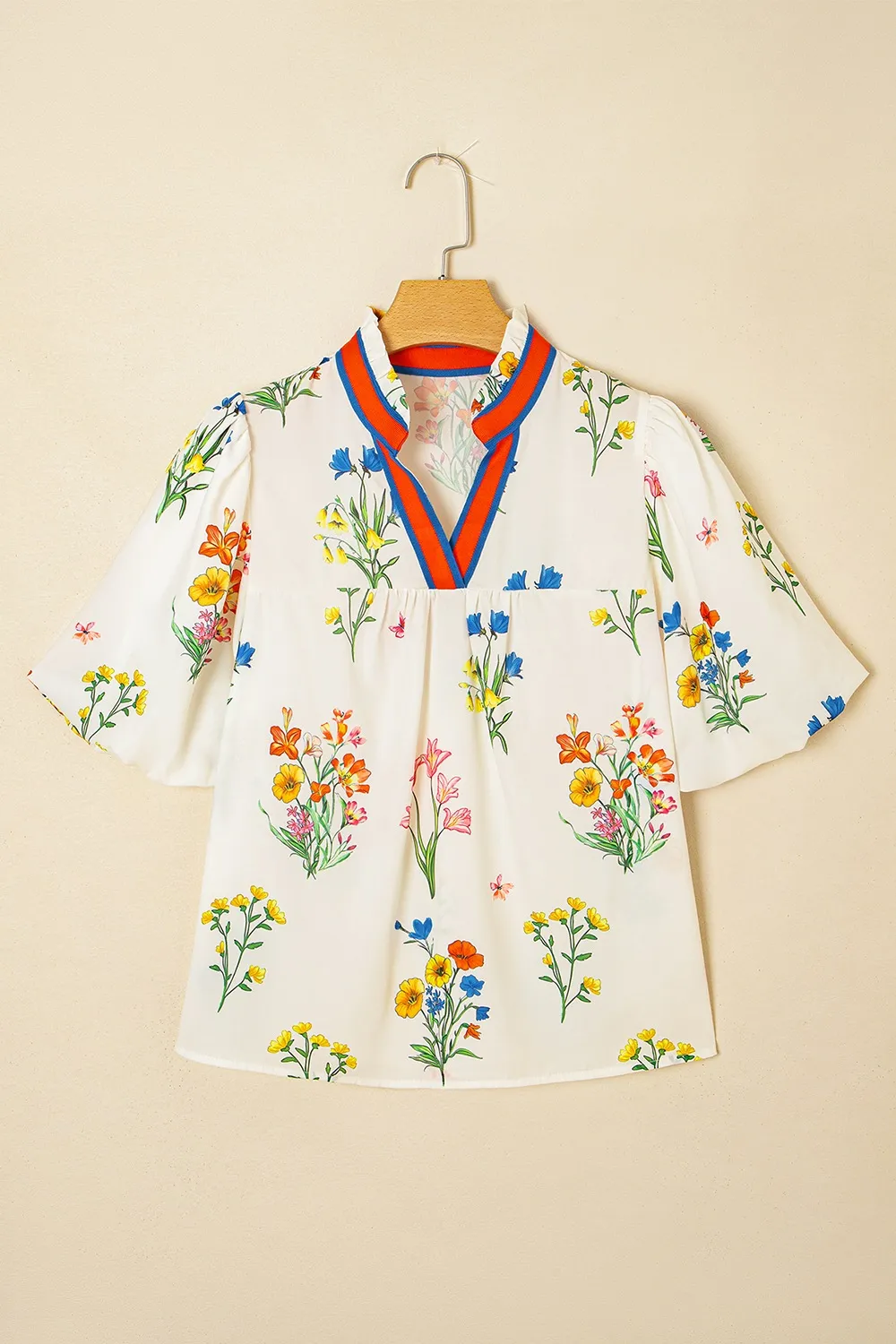 Floral Short Puff Sleeve Notched Blouse - Image 3
