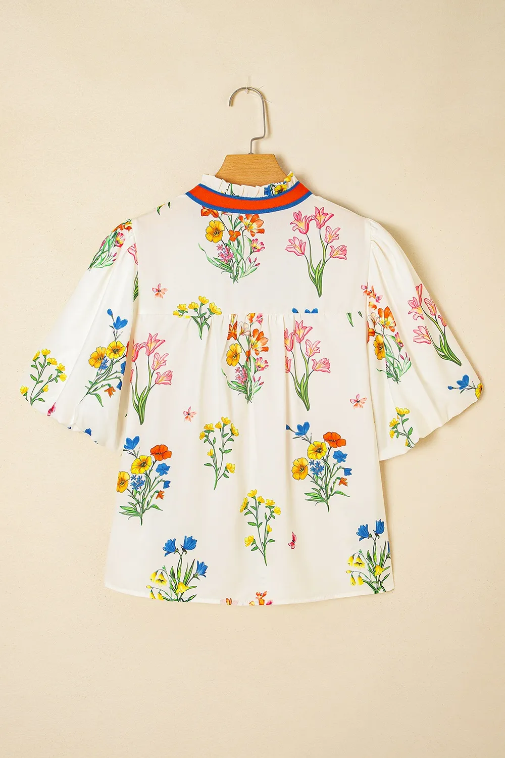 Floral Short Puff Sleeve Notched Blouse - Image 4