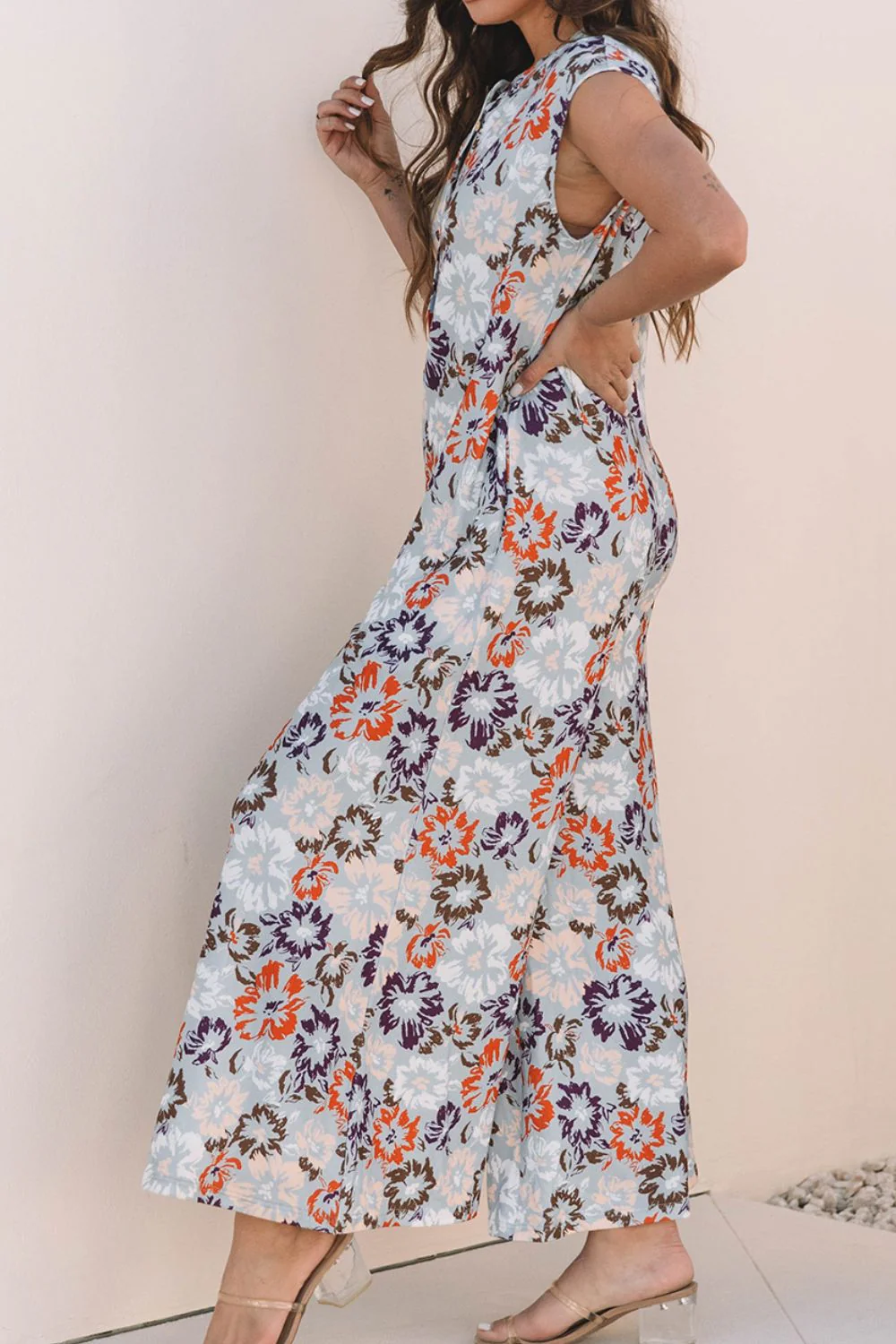 Floral Sleeveless Button Front Wide Leg Jumpsuit - Image 4