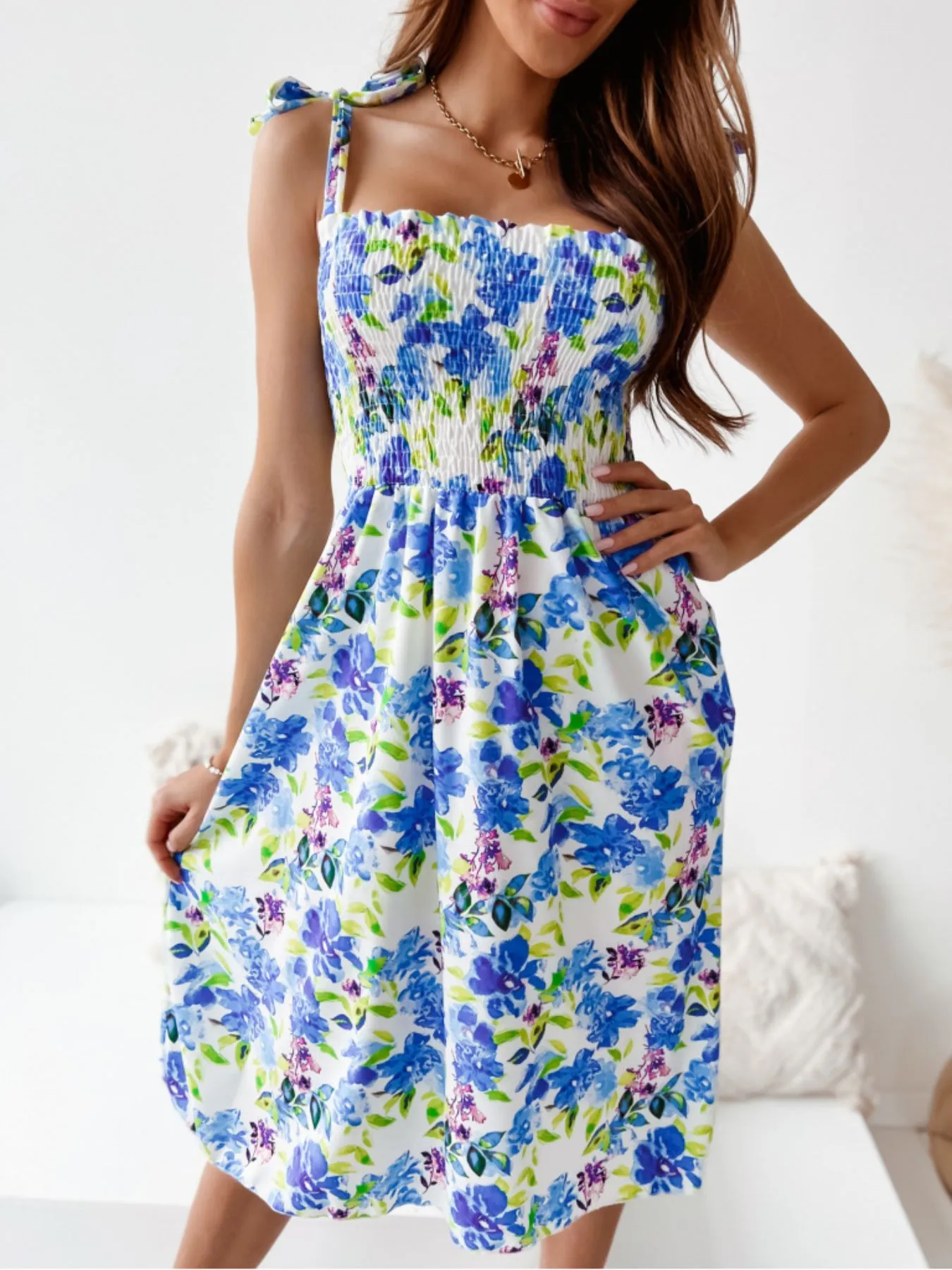 Floral Smocked Bodice Tie Shoulder Summer Dress - Image 4