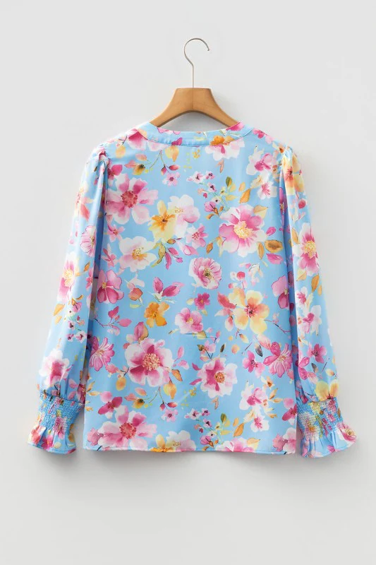 Floral Smocked Long Sleeve V-Neck Blouse - Image 2