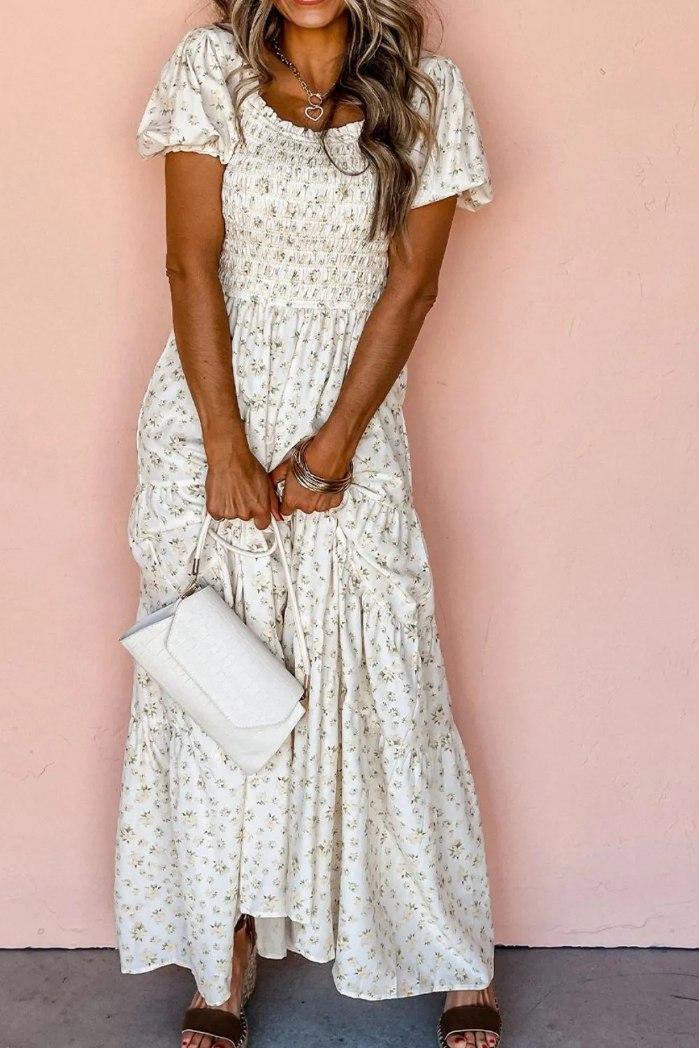 Floral Smocked Short Puff Sleeve Maxi Dress - Image 5