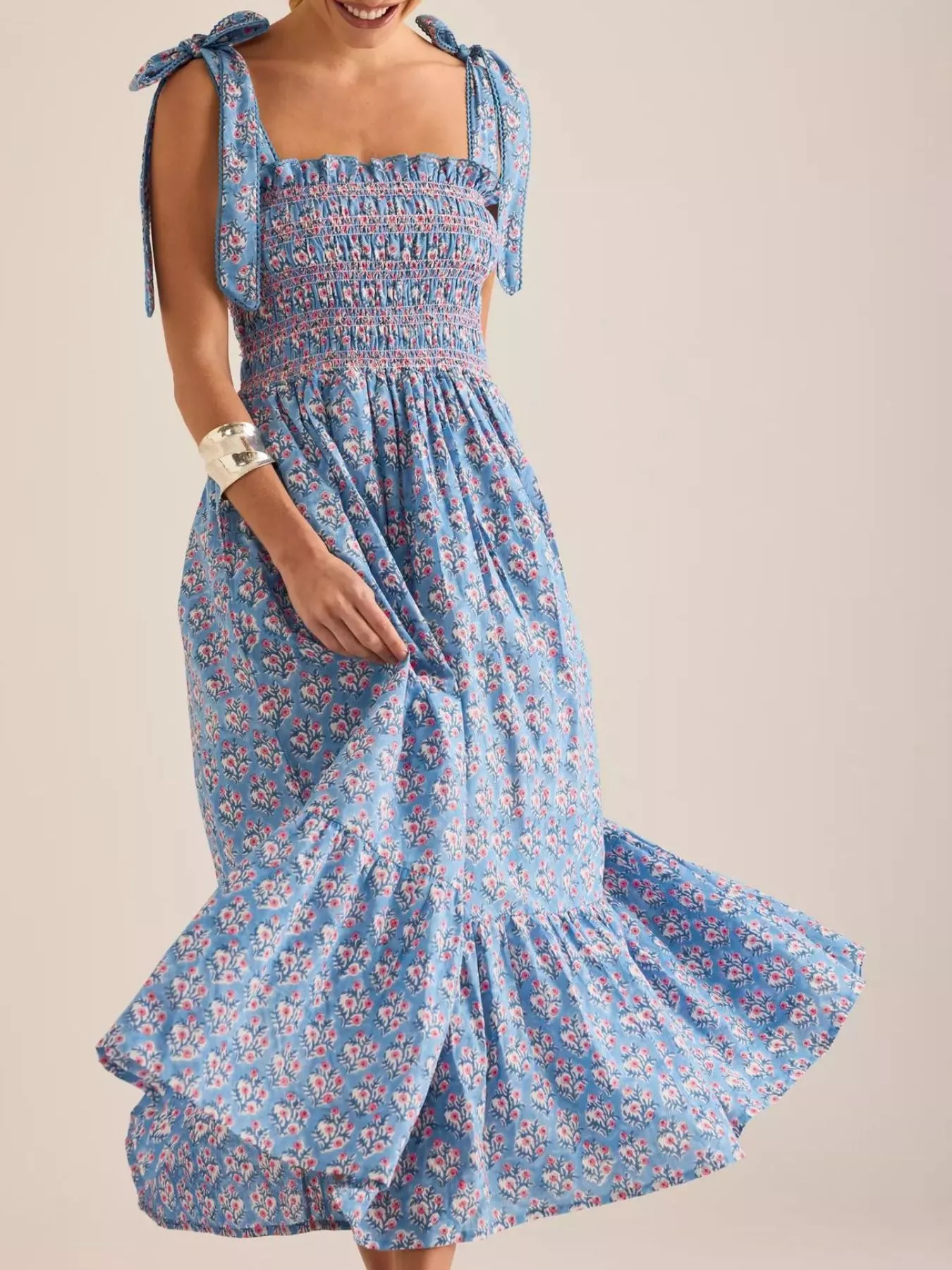 Floral Smocked Tie-Shoulder Midi Dress