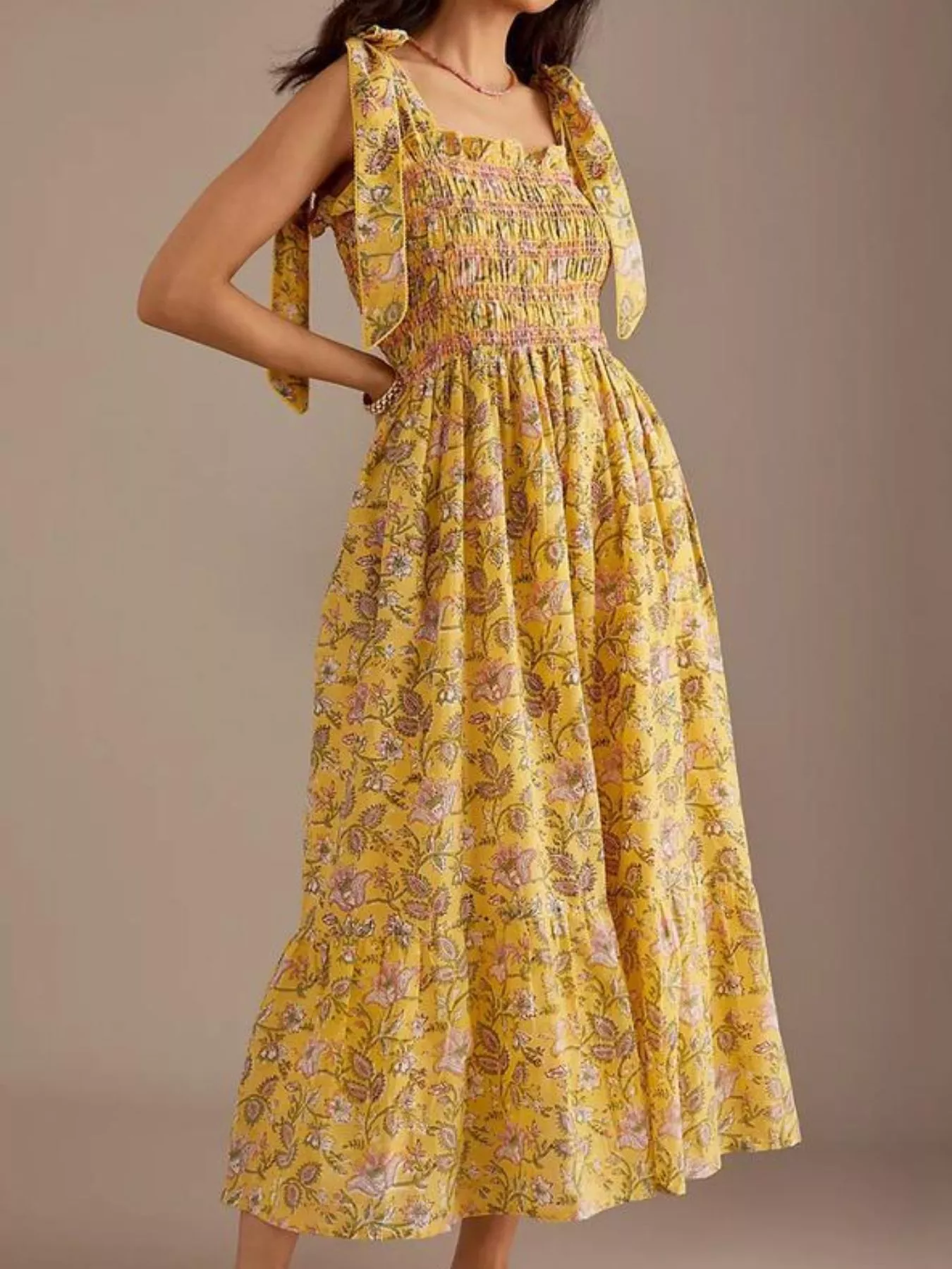 Floral Smocked Tie-Shoulder Midi Dress - Image 8