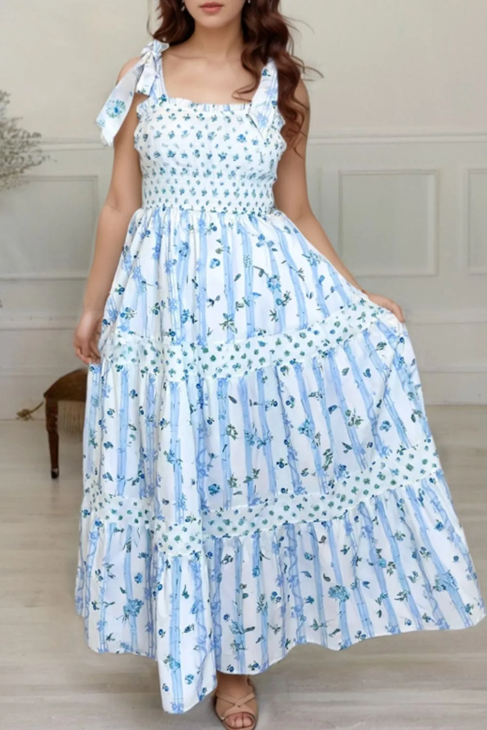Floral Smocked Tied Straps A-Lined Tiered Dress