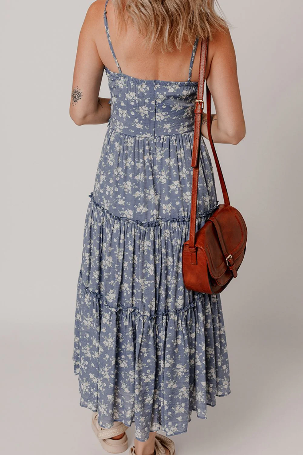 Floral Spaghetti Strap Frilled V Neck Tiered Midi Dress - Image 2