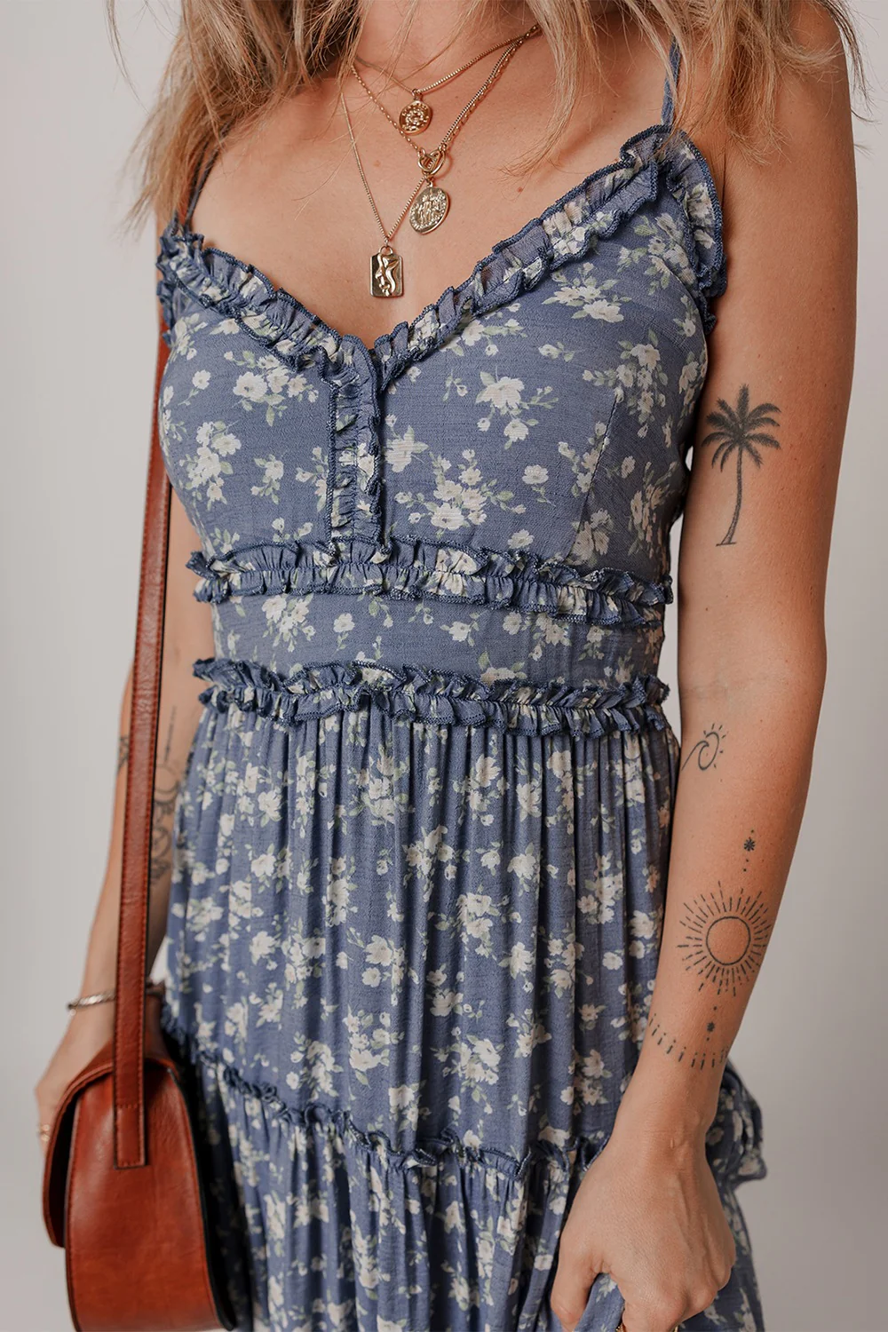 Floral Spaghetti Strap Frilled V Neck Tiered Midi Dress - Image 5