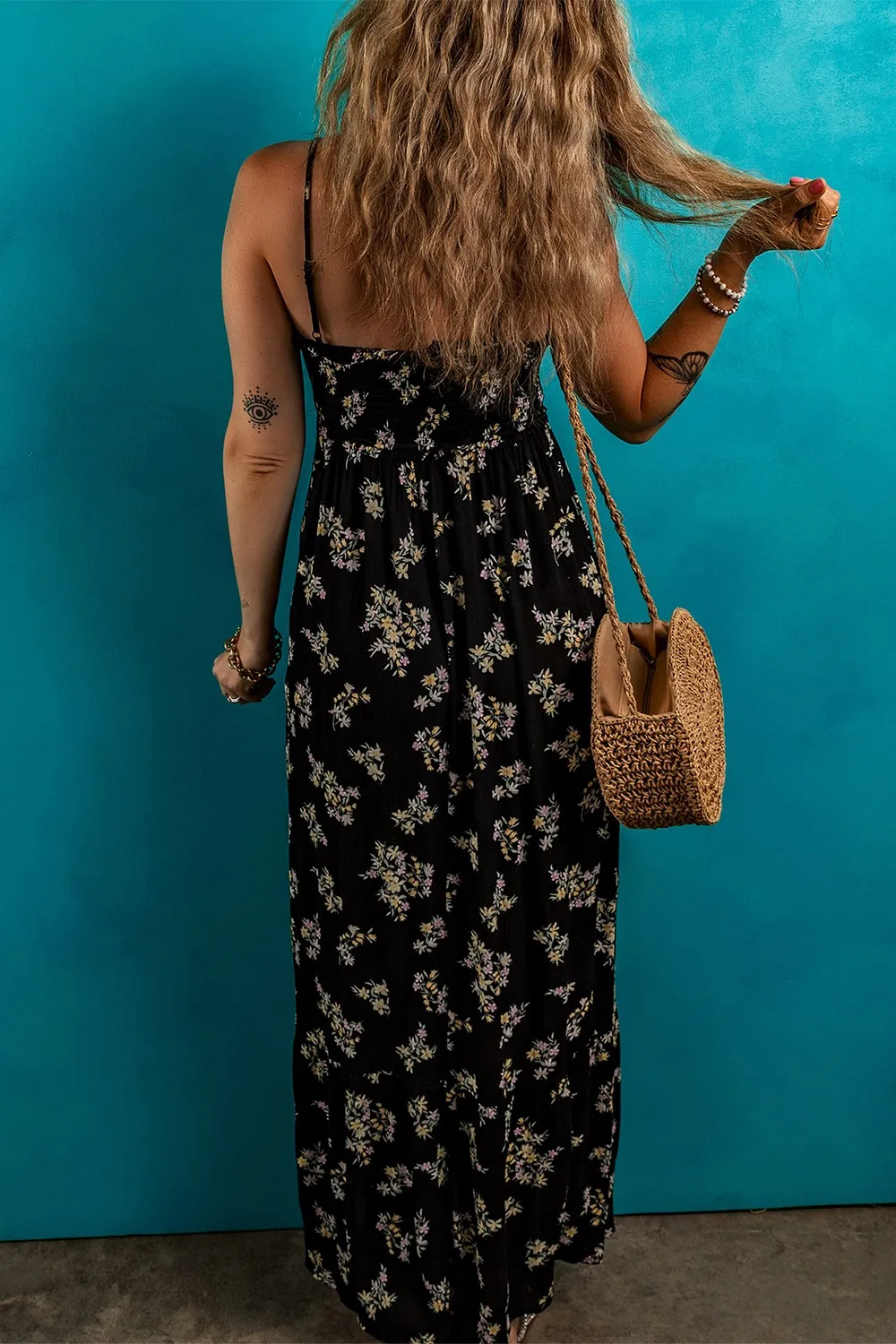Floral Spaghetti Strap Shirred Bodice Tied Empire Waist Maxi Dress - Image 2