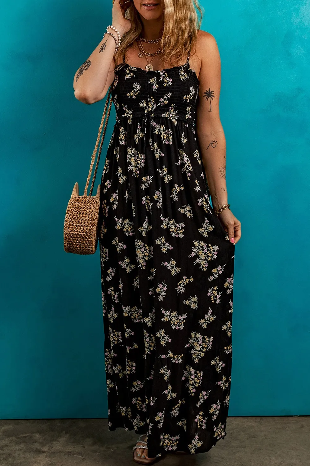 Floral Spaghetti Strap Shirred Bodice Tied Empire Waist Maxi Dress - Image 3
