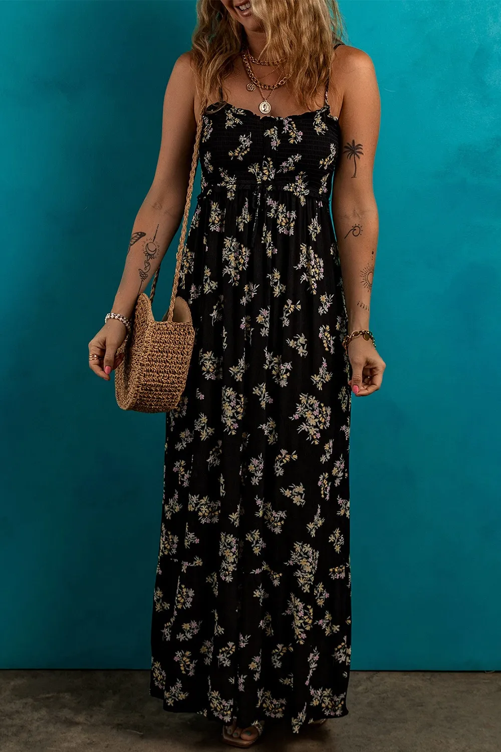 Floral Spaghetti Strap Shirred Bodice Tied Empire Waist Maxi Dress - Image 4