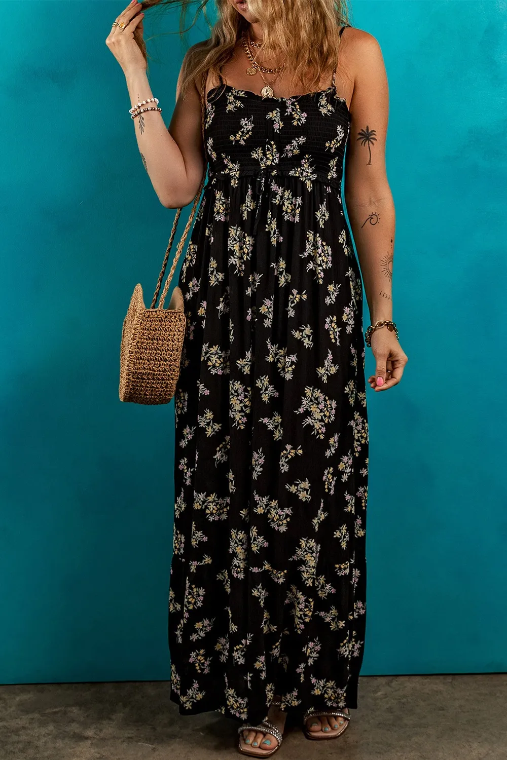 Floral Spaghetti Strap Shirred Bodice Tied Empire Waist Maxi Dress - Image 5