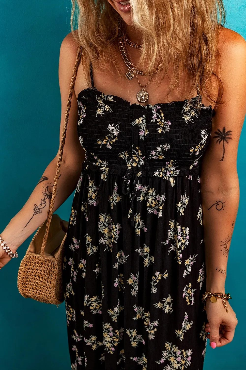 Floral Spaghetti Strap Shirred Bodice Tied Empire Waist Maxi Dress - Image 6