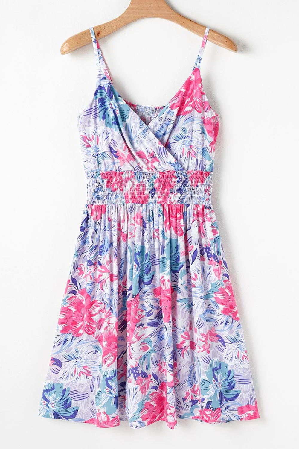 Floral Spaghetti Strap Surplice Neck Shirred Waist Mini Dress - Image 6