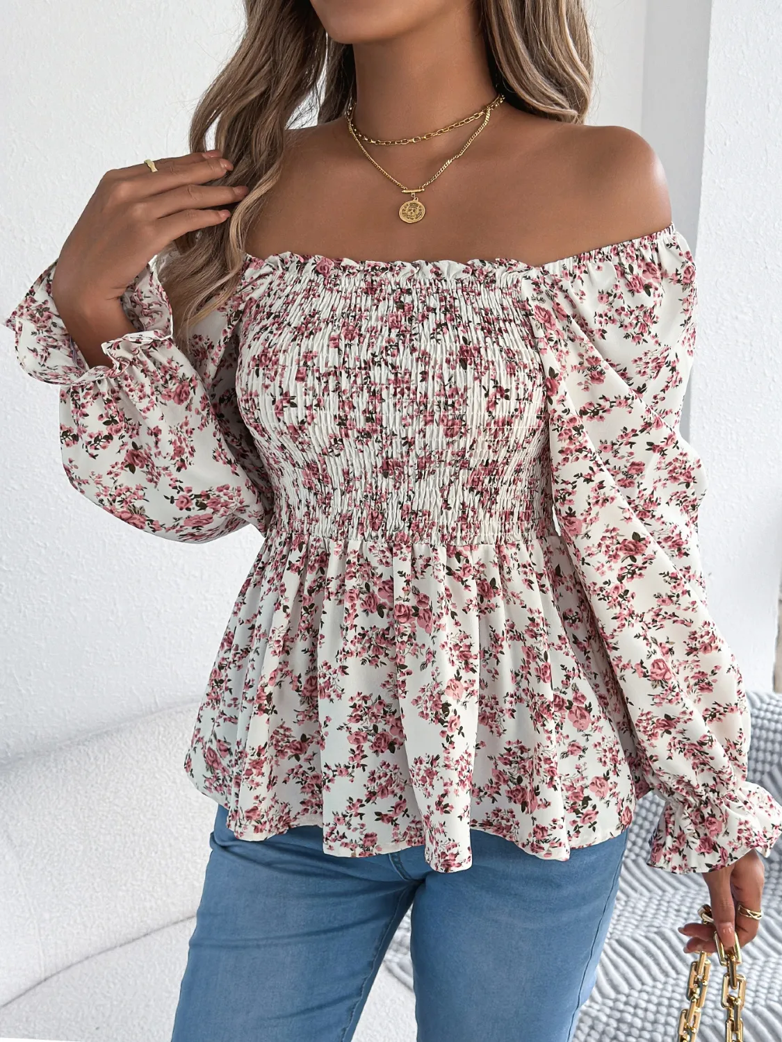 Floral Square Neck Flounce Sleeve Blouse - Image 16